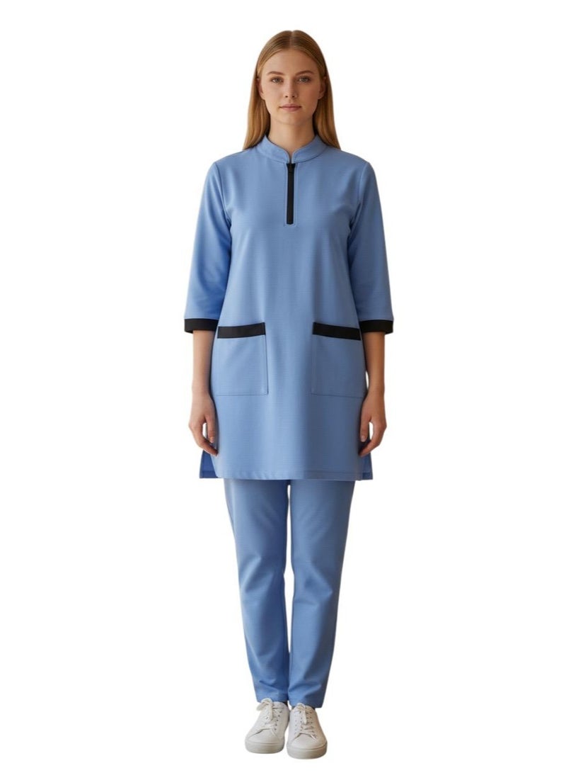 Dee's Fashion Women's Housemaid Uniform Set with Tunic Top and Matching Trousers, Quarter Sleeve, Mandarin Collar with Half Zip, Contrast Trim Pockets - Image 2